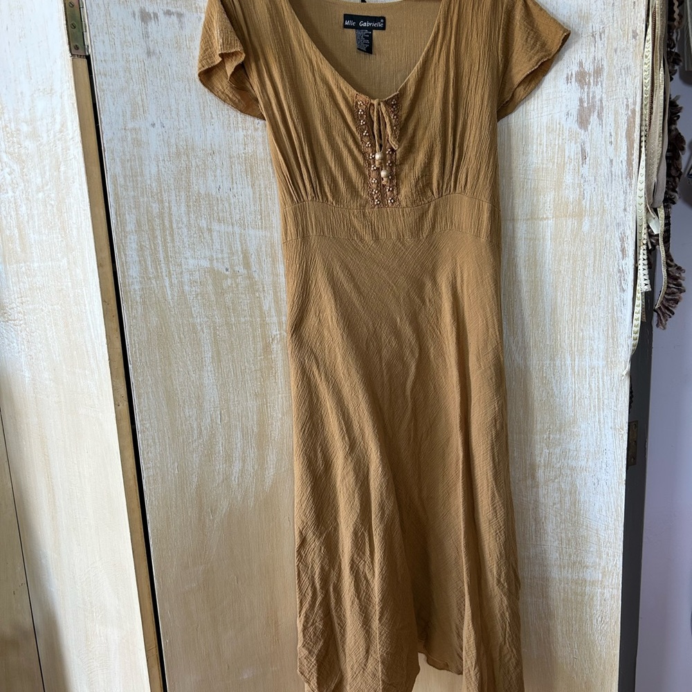Mlle Gabrielle Tan Midi Dress with Cap Sleeves